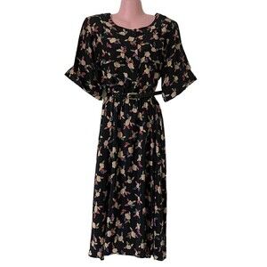 Vintage 80s 90s Nipon Boutique Dress Women's Size 10 Silk Black Floral